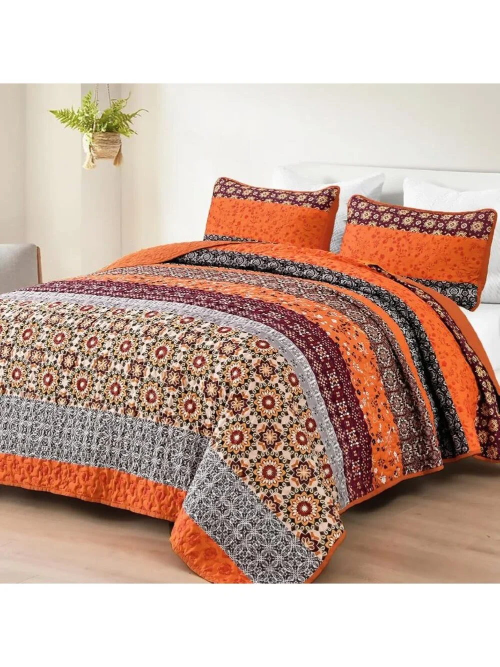 Boho King Quilt Set - 3 Piece Orange Floral Striped Bedspread for Cozy Decor